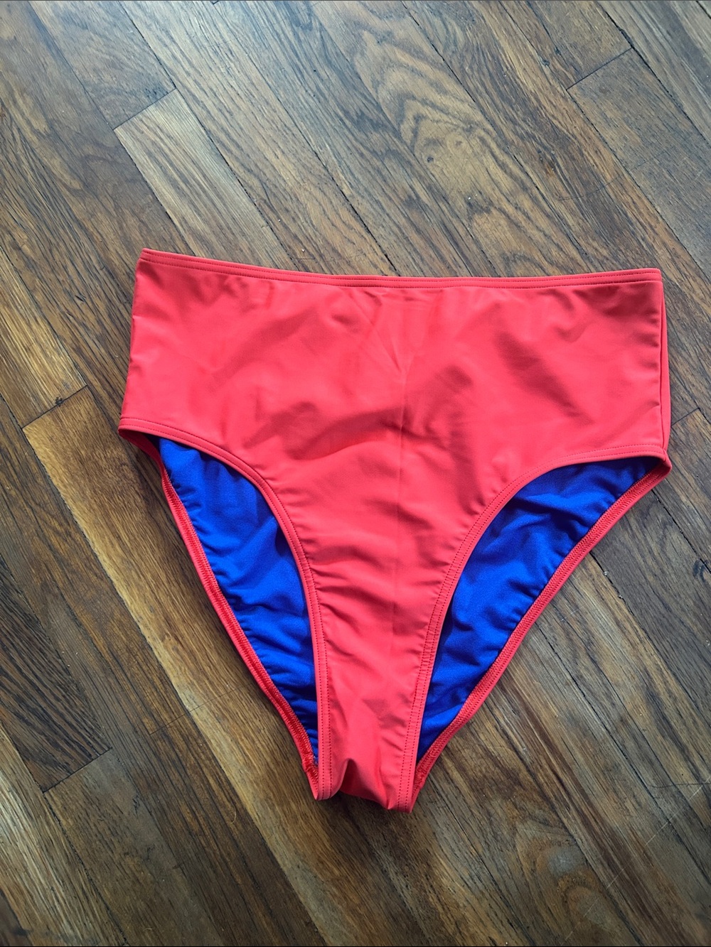 adidas High-Waist Bikini Bottoms in Red with Blue Lining